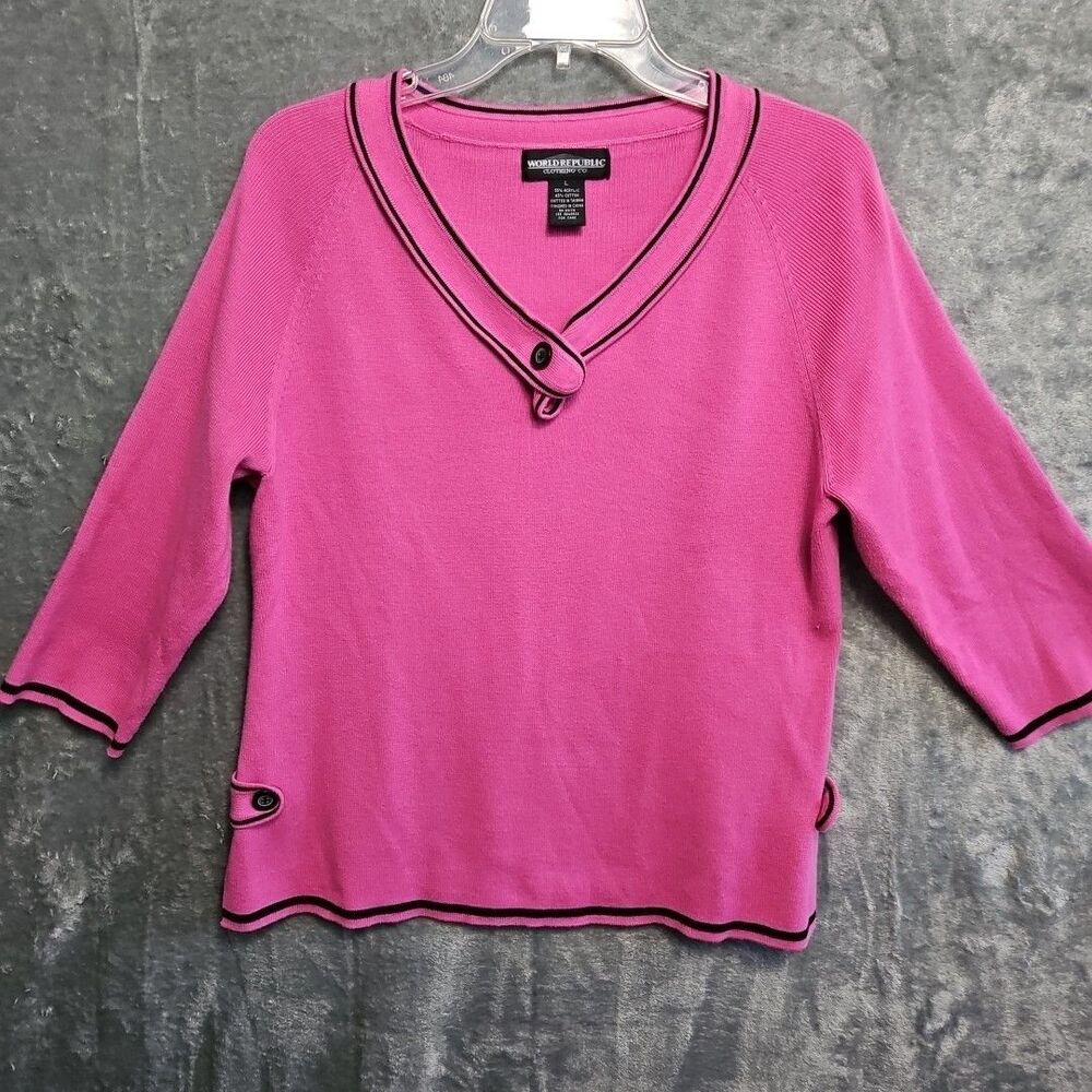 World Republic Women's Sz Lg Pink Black Sweater Vintage vneck 3/4 sleeve